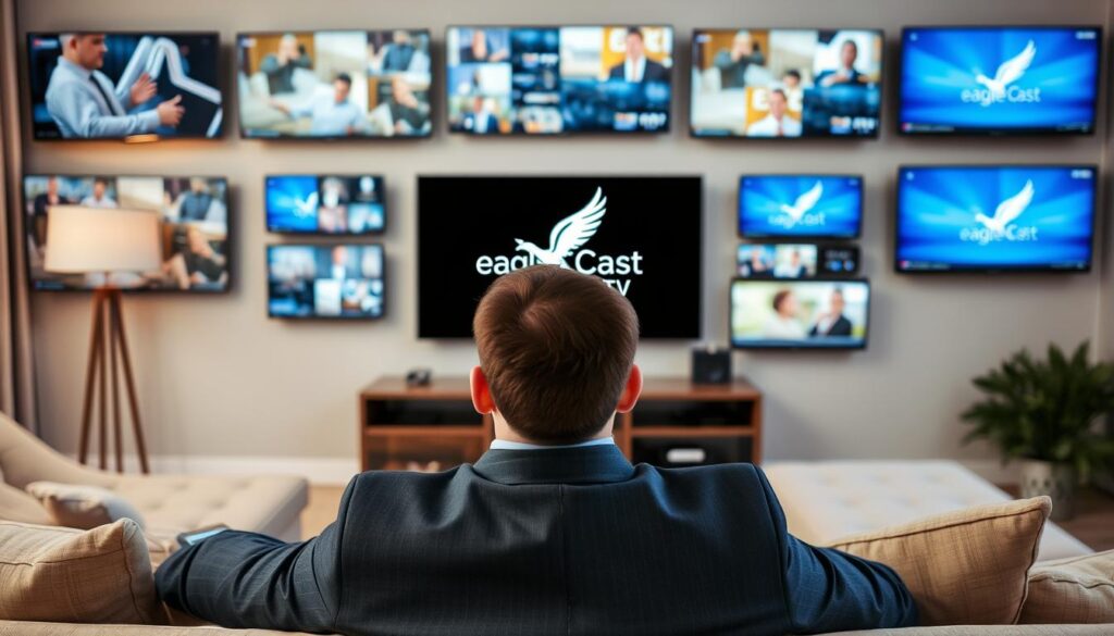 Generate an image of a person enjoying multiple TV channels simultaneously on different screens with EagleCast TV logo. Generate an image of a person enjoying multiple TV channels simultaneously on different screens with EagleCast TV logo.