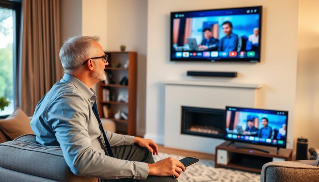 Generate an image of a person enjoying their favorite TV show on a large screen TV with multiple devices connected to IPTVDigi service. Generate an image of a person enjoying their favorite TV show on a large screen TV with multiple devices connected to IPTVDigi service.