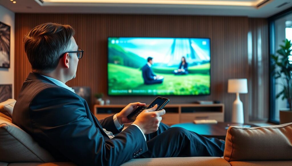 Generate an image of a person enjoying their favorite TV show on a large screen with a sleek remote control. Generate an image of a person enjoying their favorite TV show on a large screen with a sleek remote control.