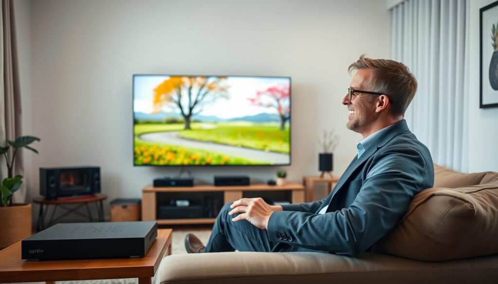 Generate an image of a person enjoying their favorite TV show on a large screen with multiple devices connected to an IPTV service.