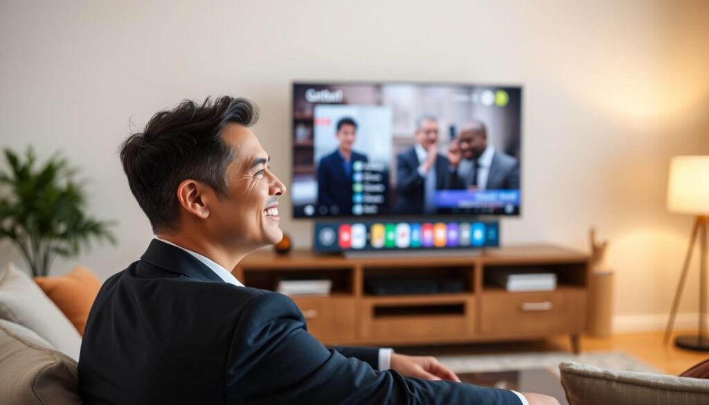 Generate an image of a person enjoying their favorite TV show on a sleek, modern TV with a user-friendly interface. Generate an image of a person enjoying their favorite TV show on a sleek, modern TV with a user-friendly interface.