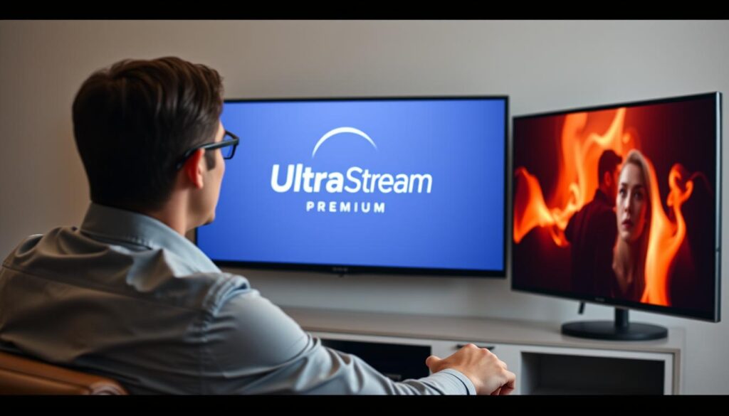 Generate an image of a person enjoying their favorite TV show on a sleek, modern TV, with the UltraStream Premium logo displayed prominently on the screen. Generate an image of a person enjoying their favorite TV show on a sleek, modern TV, with the UltraStream Premium logo displayed prominently on the screen.