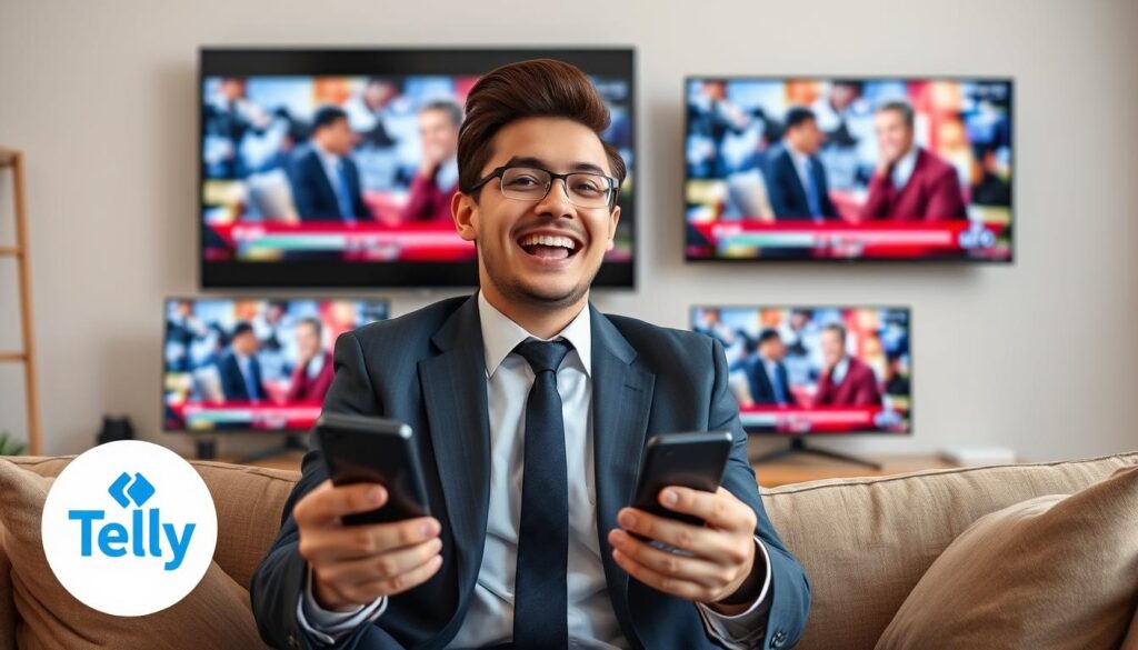 Generate an image of a person enjoying their favorite TV show on multiple devices with a Tellystudio logo in the corner.