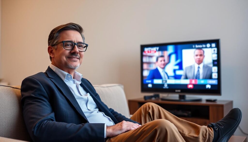 Generate an image of a person enjoying their favourite TV show on IPTVX Premium with a satisfied expression. Generate an image of a person enjoying their favourite TV show on IPTVX Premium with a satisfied expression.