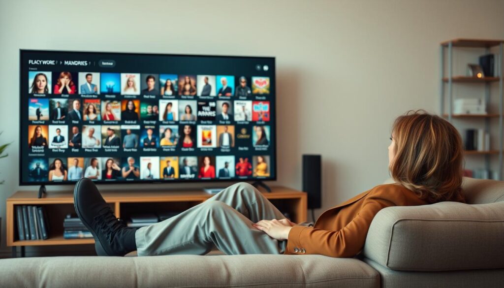 Generate an image of a person relaxing on a couch, browsing through a vast library of movies and TV shows on their TV.