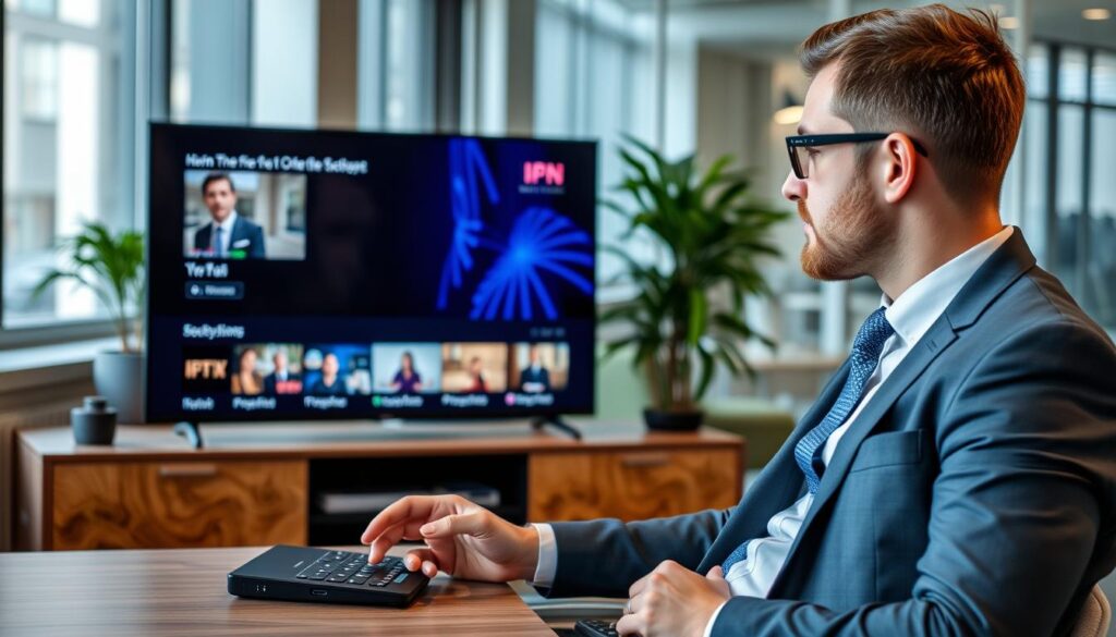 Generate an image of a person streaming IPTV content on a device with a VPN connection