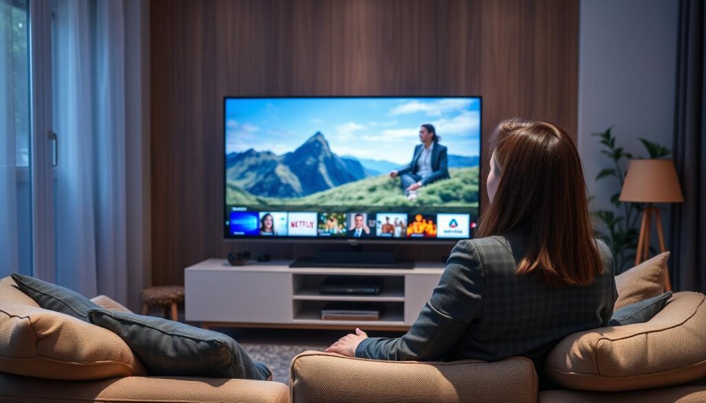 Generate an image of a person streaming their favorite show on a smart TV using iptv org with a VPN