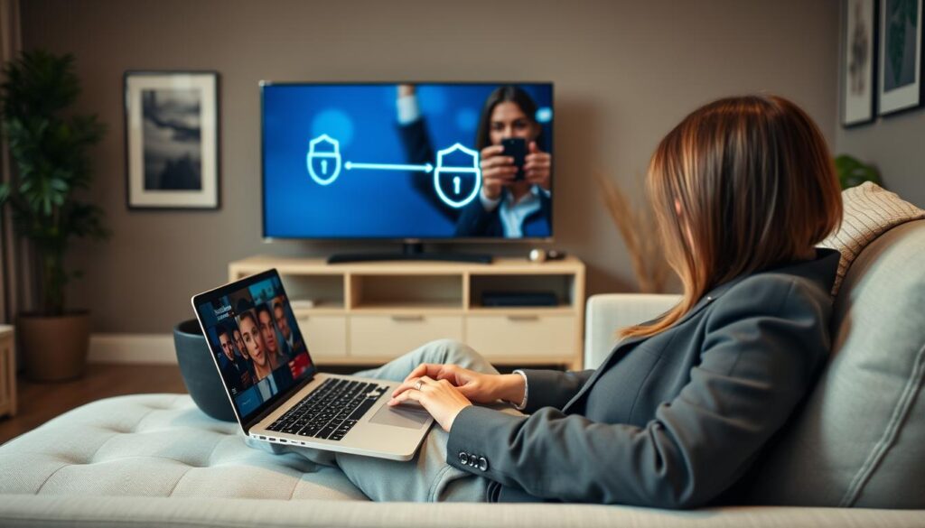 Generate an image of a person streaming their favorite show with a VPN-protected connection.