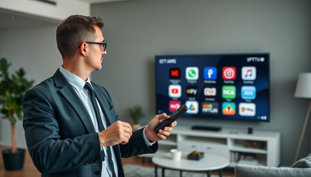 Generate an image of a person using a remote control to navigate through various IPTV apps on a smart TV.