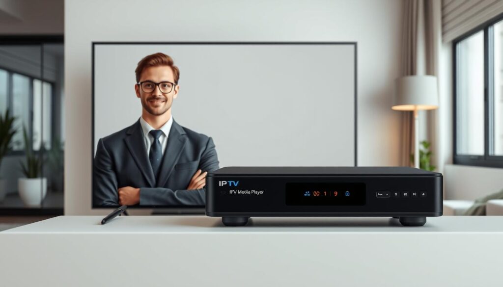 Generate an image of a person using an IPTV media player on their TV