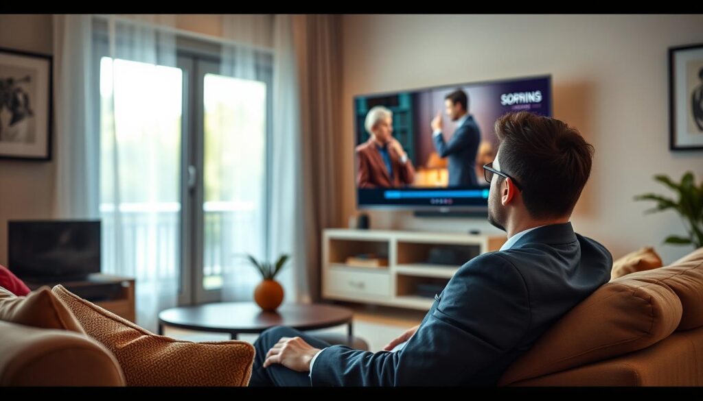 Generate an image of a person watching Netflix on their smart TV.