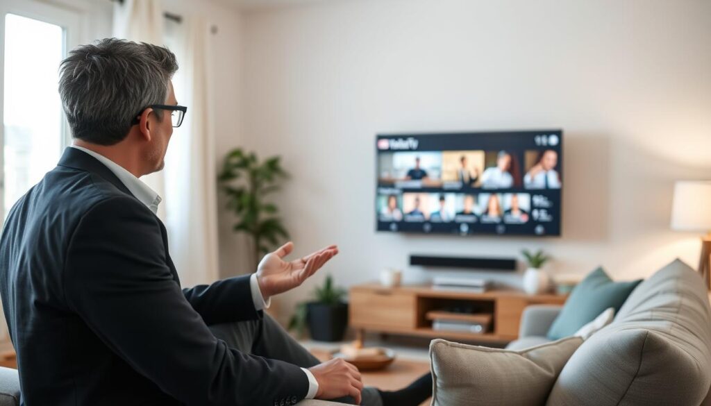 Generate an image of a person watching YouTube TV on their living room TV.