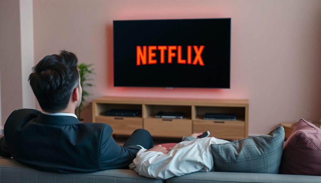 Generate an image of a person watching a movie on Netflix.