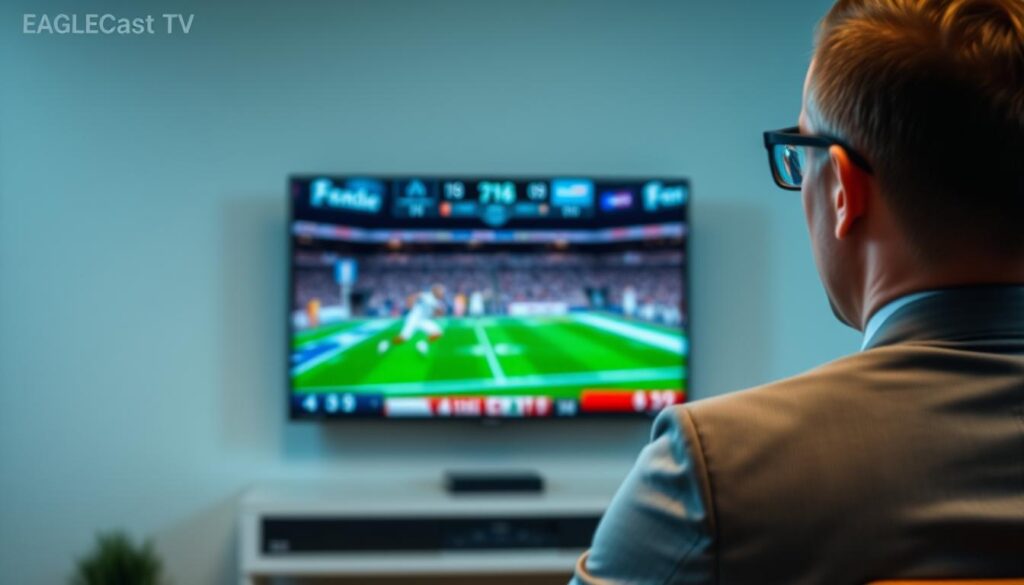 Generate an image of a person watching a popular North American sports event on EagleCast TV with high-quality streams. Generate an image of a person watching a popular North American sports event on EagleCast TV with high-quality streams.