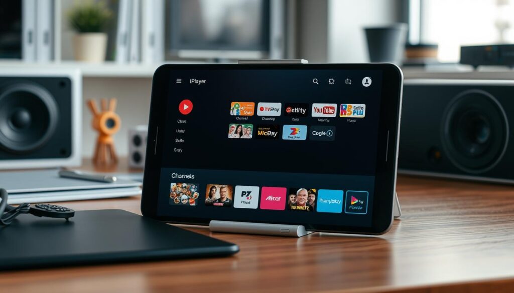 Generate an image of a sleek, modern IPTV player interface on an Android device, showcasing a clean and organized channel list. Generate an image of a sleek, modern IPTV player interface on an Android device, showcasing a clean and organized channel list.