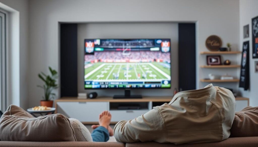 Generate an image of a sports enthusiast watching a live NFL game on their TV with a satisfied expression.