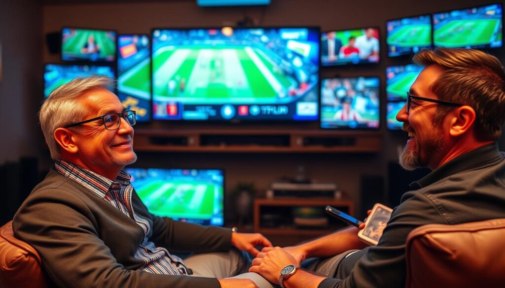 Generate an image of a sports enthusiast watching a live game on their TV with a satisfied expression, surrounded by multiple screens showing different sports channels. Generate an image of a sports enthusiast watching a live game on their TV with a satisfied expression, surrounded by multiple screens showing different sports channels.