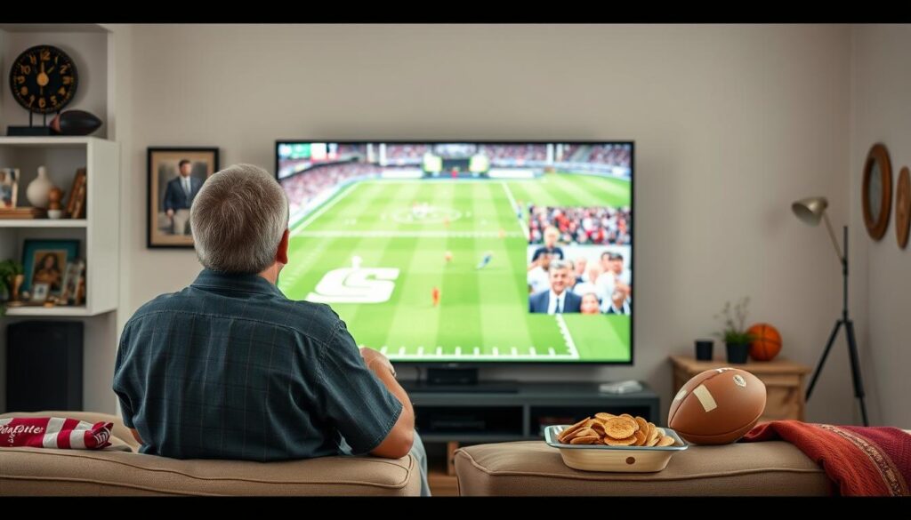 Generate an image of a sports enthusiast watching multiple sports games on a large screen TV