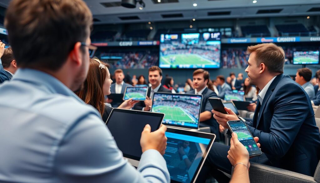 Generate an image of a sports event being streamed live on multiple devices.