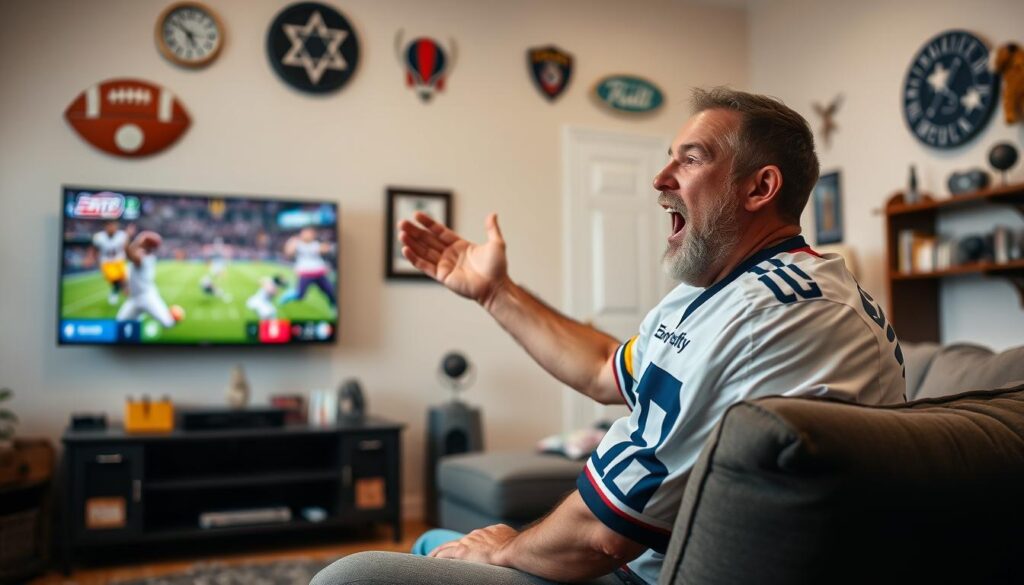 Generate an image of a sports fan watching a live game on FuboTV.