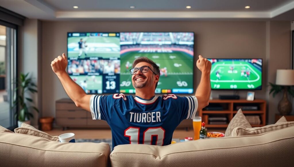 Generate an image of a sports fan watching multiple games simultaneously on fuboTV.