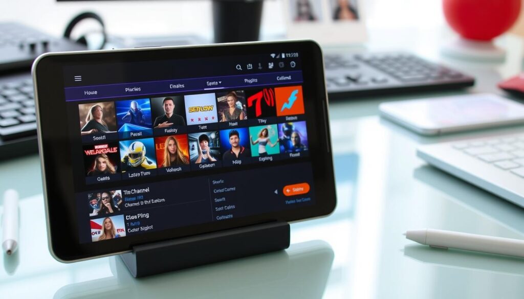 Generate an image of the IPTV Extreme app interface on an Android device, showcasing its user-friendly layout and various features. Generate an image of the IPTV Extreme app interface on an Android device, showcasing its user-friendly layout and various features.