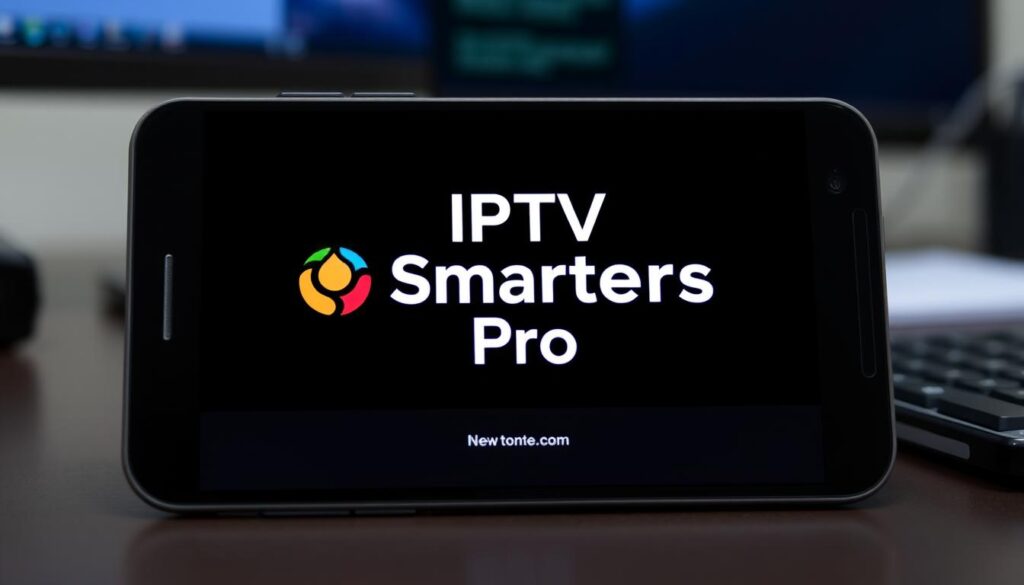 Generate an image of the IPTV Smarters Pro app logo on an Android device screen. Generate an image of the IPTV Smarters Pro app logo on an Android device screen.