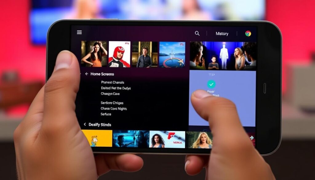 Generate an image of the OTT Navigator IPTV app interface on an Android device, showcasing its customizable home screen. Generate an image of the OTT Navigator IPTV app interface on an Android device, showcasing its customizable home screen.