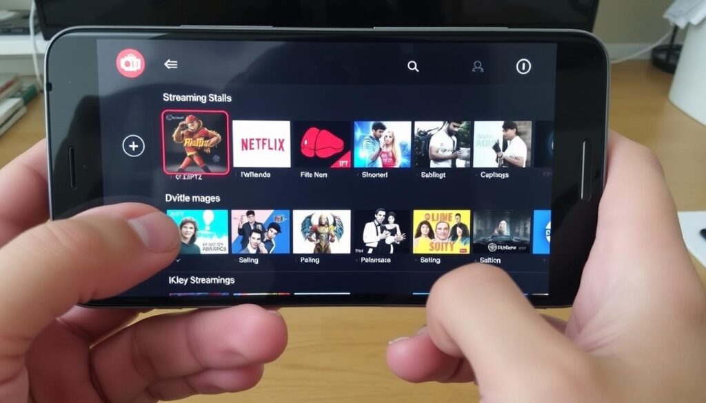 Generate an image of the SS IPTV app interface on an Android device, showcasing its user-friendly layout and various streaming options. Generate an image of the SS IPTV app interface on an Android device, showcasing its user-friendly layout and various streaming options.