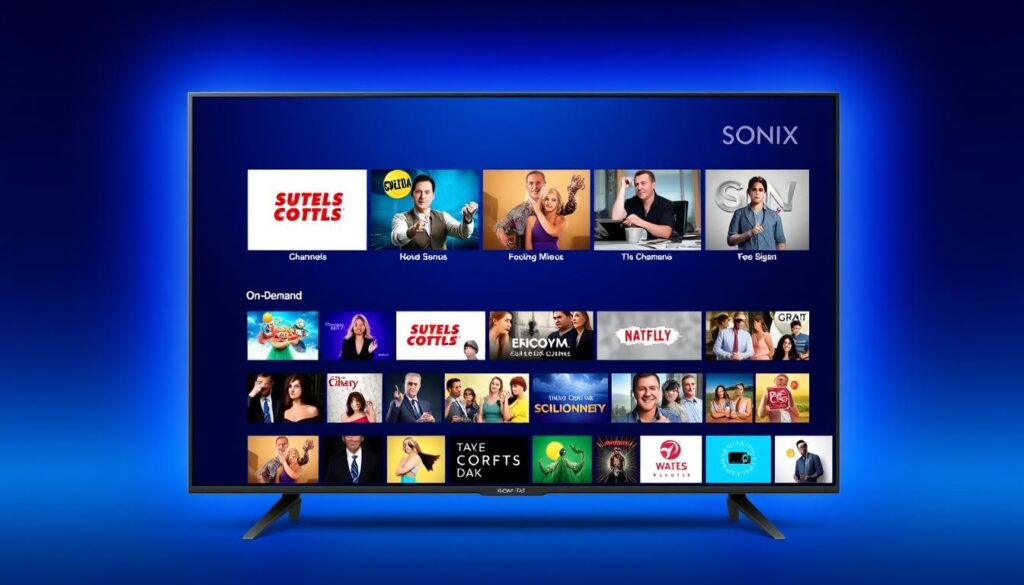 Generate an image of the Sonix IPTV interface on a smart TV, showcasing a diverse range of channels and on-demand content.