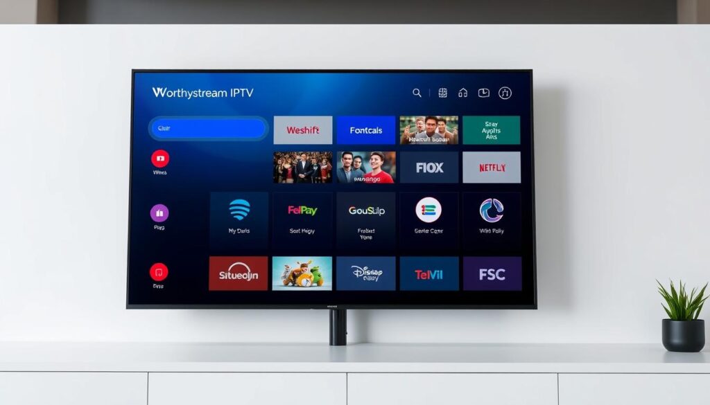 Generate an image of the Worthystream IPTV interface on a screen.