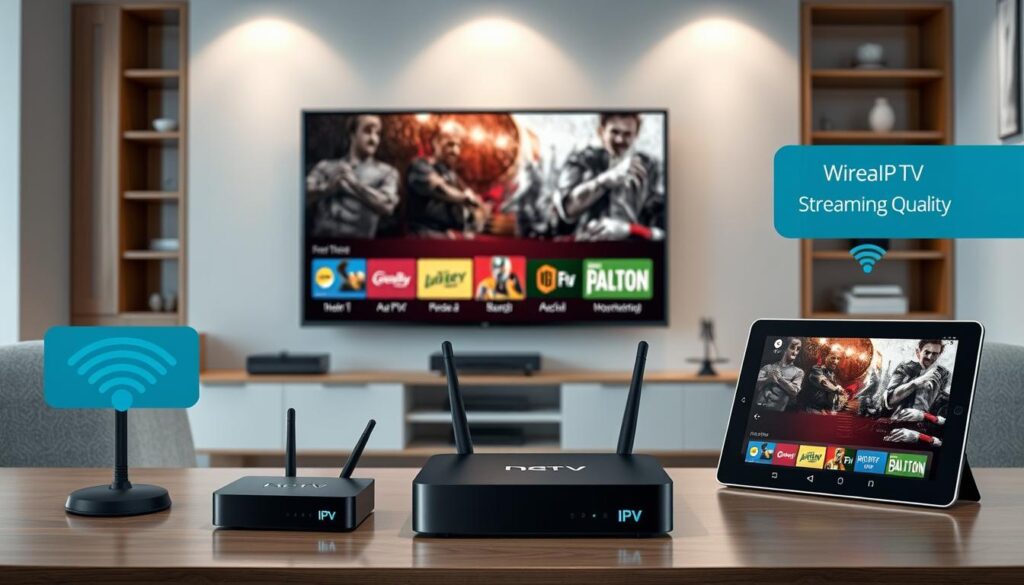 Generate an image of various IPTV devices showcasing different streaming qualities.