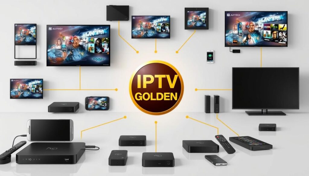 Generate an image of various devices such as smart TVs, smartphones, and streaming devices connected to a central IPTV Golden logo.