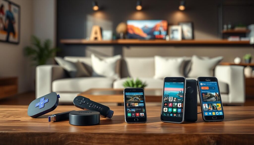 Generate an image of various streaming devices like Roku, Amazon Fire TV, and smartphones.