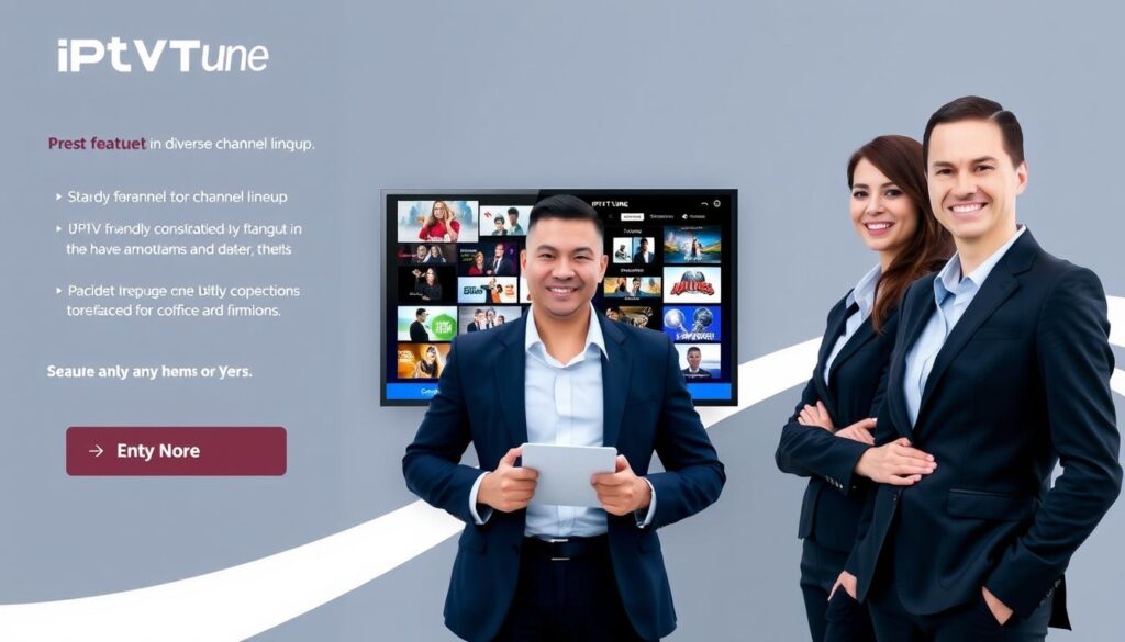 Generate an image representing IPTVtune's IPTV service, highlighting its features and channel lineup.