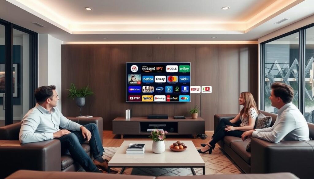 Generate an image representing Majestic IPTV's service, showcasing its channel offerings and user experience.