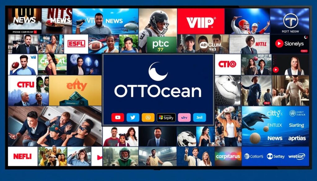 Generate an image representing OTTOcean's diverse channel offerings with a collage of different TV categories.