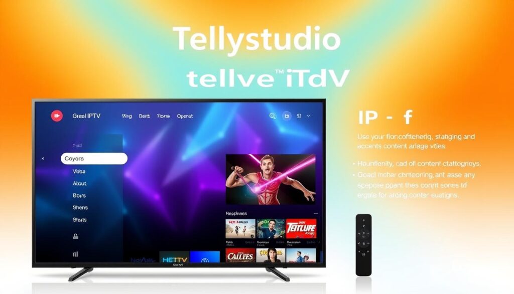 Generate an image representing Tellystudio's IPTV service, highlighting its features and user interface.