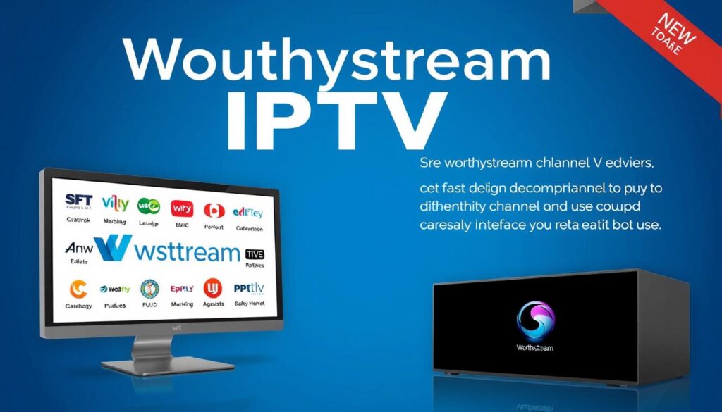 Generate an image representing Worthystream's IPTV service, showcasing its channel offerings and user experience.