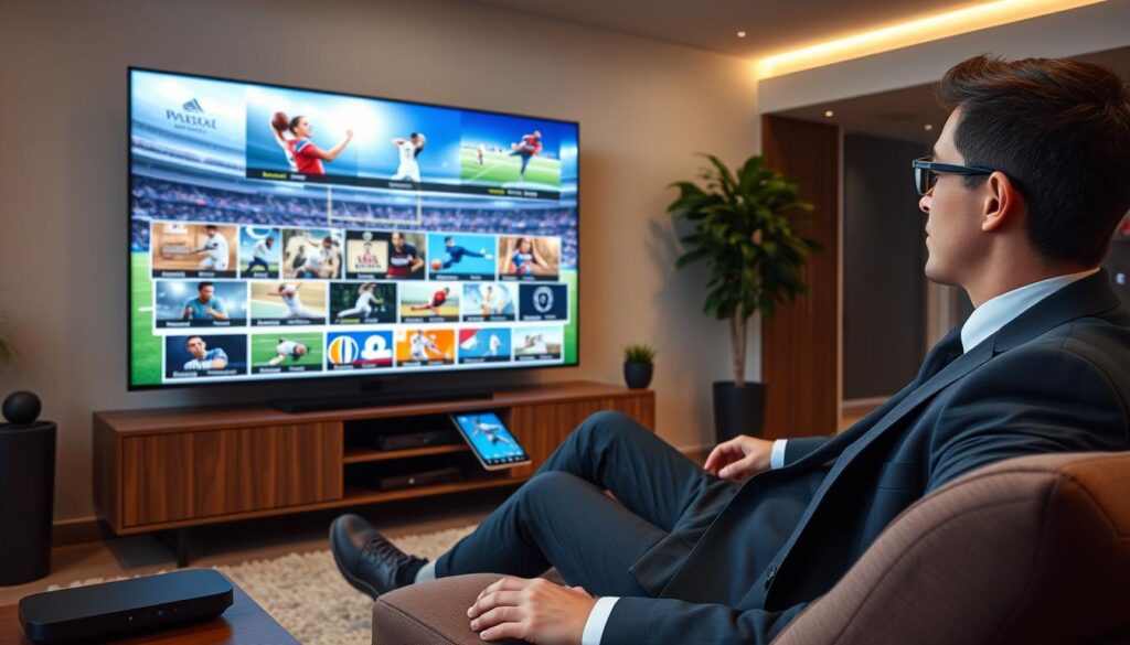 Generate an image representing a person accessing multiple sports channels seamlessly on their IPTV device.