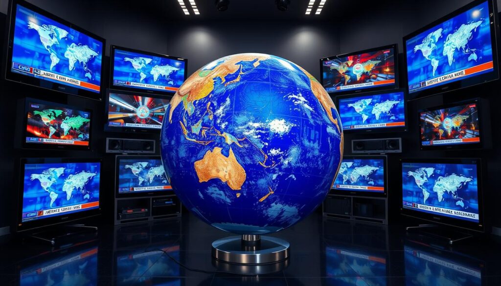 Image of a globe with various TV screens displaying different international channels Image of a globe with various TV screens displaying different international channels