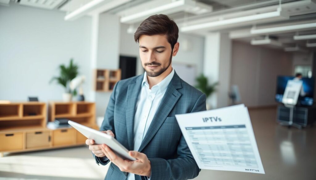 Image of a person comparing IPTV plans on a tablet