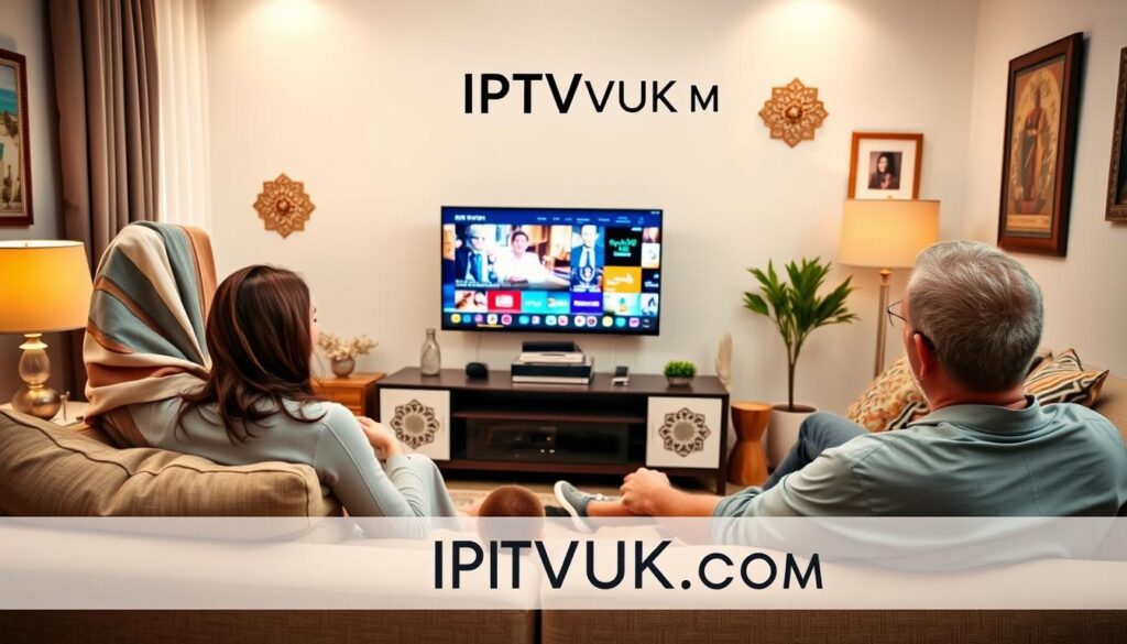 A bustling living room scene featuring a family of diverse Arabic heritage, gathered around a modern smart TV displaying vibrant IPTV content. In the foreground, a mother and father sit on a comfortable sofa, both dressed in smart casual clothing, joyfully interacting as they watch Arabic television shows. The middle ground showcases the sleek TV and stylish entertainment unit, adorned with decorative Arabic motifs and colorful cushions. In the background, a soft, warm light filters through a window, creating a cozy atmosphere. The room is elegantly furnished, reflecting contemporary style while incorporating elements of Arabic culture, such as decorative tiles and traditional art pieces. The logo "IPTVVUK.COM" is subtly included in the scene, emphasizing the theme of Arabic IPTV. The overall mood is inviting and family-oriented, highlighting the benefits of Arabic IPTV for US viewers.