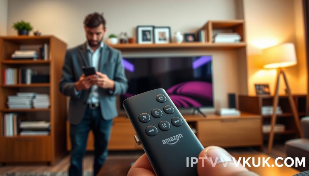 A close-up view of a modern living room setting featuring a sleek Amazon FireStick plugged into a contemporary TV. In the foreground, a user is shown attentively following installation instructions on their smartphone, dressed in casual, professional clothing. The middle ground highlights the FireStick’s remote control, depicting the various buttons focused on navigation. In the background, shelves filled with neatly arranged books and decorative items enhance the cozy atmosphere. Soft, warm lighting from a lamp on the side creates an inviting and tech-savvy mood. The scene captures a sense of ease and efficiency in setting up the GSE Smart IPTV Pro on FireStick, while subtly incorporating the brand name IPTVVUK.COM in the decor elements. A close-up view of a modern living room setting featuring a sleek Amazon FireStick plugged into a contemporary TV. In the foreground, a user is shown attentively following installation instructions on their smartphone, dressed in casual, professional clothing. The middle ground highlights the FireStick’s remote control, depicting the various buttons focused on navigation. In the background, shelves filled with neatly arranged books and decorative items enhance the cozy atmosphere. Soft, warm lighting from a lamp on the side creates an inviting and tech-savvy mood. The scene captures a sense of ease and efficiency in setting up the GSE Smart IPTV Pro on FireStick, while subtly incorporating the brand name IPTVVUK.COM in the decor elements.