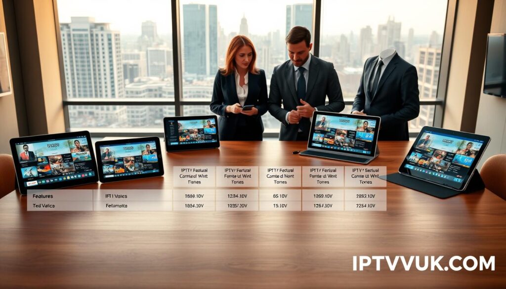 A comparison chart of IPTV services showcasing various features and use cases, set in a modern and sleek office environment. In the foreground, a polished wooden table displays sleek tablets and laptops, each showing different IPTV service interfaces. In the middle ground, a diverse group of professionals dressed in business attire, including a woman in a smart blazer and a man in a tailored suit, discuss the services while analyzing the screens. The background features a large window with a cityscape view, bathed in warm natural light, creating an inviting atmosphere. The overall mood is focused and collaborative, emphasizing the journey to find the best IPTV solution. At the bottom right corner, include the brand name "IPTVVUK.COM" subtly integrated into the design, ensuring it remains clean and elegant without any text overlays.