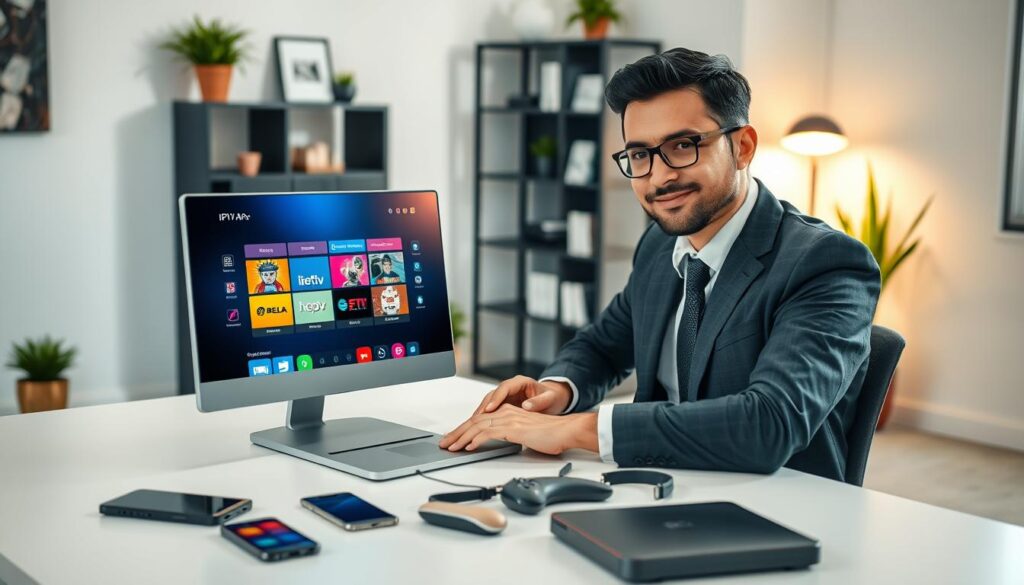 A confident, professional individual in a smart-casual outfit sits at a sleek desk, attentively configuring a laptop displaying the IPTV APK Pro interface. The foreground features the laptop's screen showcasing vibrant IPTV icons and an installer window, illuminated with soft, warm lighting to create an inviting atmosphere. In the middle ground, various tech gadgets like a smartphone and a tablet surround the laptop, symbolizing connectivity and versatility. The background is filled with a modern home office setup, complete with a bookshelf and potted plants, adding a touch of professionalism. A subtle play of light highlights the IPTVVUK.COM logo discreetly integrated into the laptop screen design. The overall mood is focused and productive, emphasizing the ease of setting up IPTV APK Pro for optimal performance.