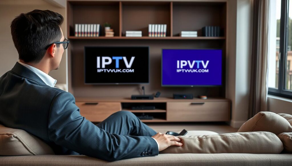 A contemporary living room featuring a sleek television displaying IPTV services, with an emphasis on legal considerations. In the foreground, a person in professional business attire is seated comfortably on a modern couch, intently watching the screen, embodying an engaged viewer. In the middle ground, the television setup has a stylish streaming device connected, showing the IPTVVUK.COM logo. The background includes shelves with legal books and devices, suggesting a blend of entertainment and legal awareness. Soft, natural light filters through a window, creating a warm and inviting atmosphere. The overall mood is professional yet relaxed, ideal for discussing serious topics in an accessible manner. A contemporary living room featuring a sleek television displaying IPTV services, with an emphasis on legal considerations. In the foreground, a person in professional business attire is seated comfortably on a modern couch, intently watching the screen, embodying an engaged viewer. In the middle ground, the television setup has a stylish streaming device connected, showing the IPTVVUK.COM logo. The background includes shelves with legal books and devices, suggesting a blend of entertainment and legal awareness. Soft, natural light filters through a window, creating a warm and inviting atmosphere. The overall mood is professional yet relaxed, ideal for discussing serious topics in an accessible manner.
