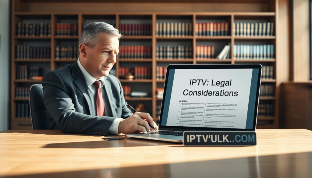 A corporate office setting featuring a modern desk with a laptop displaying a legal document titled "IPTV Legal Considerations." In the foreground, a professional in business attire, a middle-aged Caucasian male, is reviewing the document with a thoughtful expression, highlighting key points with a pen. The middle ground includes a large window with soft, natural light pouring in, illuminating the room and casting gentle shadows on the polished wooden floor. In the background, shelves filled with law books and legal reference materials create an academic atmosphere. The overall mood is serious and contemplative, emphasizing the importance of understanding legal aspects in IPTV purchasing. The brand name "IPTVVUK.COM" is subtly integrated into the image on a small placard on the desk. A corporate office setting featuring a modern desk with a laptop displaying a legal document titled "IPTV Legal Considerations." In the foreground, a professional in business attire, a middle-aged Caucasian male, is reviewing the document with a thoughtful expression, highlighting key points with a pen. The middle ground includes a large window with soft, natural light pouring in, illuminating the room and casting gentle shadows on the polished wooden floor. In the background, shelves filled with law books and legal reference materials create an academic atmosphere. The overall mood is serious and contemplative, emphasizing the importance of understanding legal aspects in IPTV purchasing. The brand name "IPTVVUK.COM" is subtly integrated into the image on a small placard on the desk.