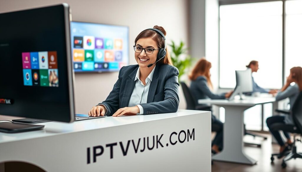 A cozy and modern IPTV customer support center interior, featuring a friendly and professional support agent in smart business attire, assisting a customer over the phone. The foreground shows the agent focused on their task, with a headset on and a computer screen visible, depicting a colorful interface of IPTV options. In the middle, there is a stylish desk with branding for "IPTVVUK.COM" displayed prominently. The background reveals a well-lit room with soft lighting, emphasizing a welcoming atmosphere, with additional support team members collaborating at nearby desks. Capture a sense of friendliness and efficiency, ensuring a clear and inviting visual representation of customer support quality in the IPTV industry. A cozy and modern IPTV customer support center interior, featuring a friendly and professional support agent in smart business attire, assisting a customer over the phone. The foreground shows the agent focused on their task, with a headset on and a computer screen visible, depicting a colorful interface of IPTV options. In the middle, there is a stylish desk with branding for "IPTVVUK.COM" displayed prominently. The background reveals a well-lit room with soft lighting, emphasizing a welcoming atmosphere, with additional support team members collaborating at nearby desks. Capture a sense of friendliness and efficiency, ensuring a clear and inviting visual representation of customer support quality in the IPTV industry.