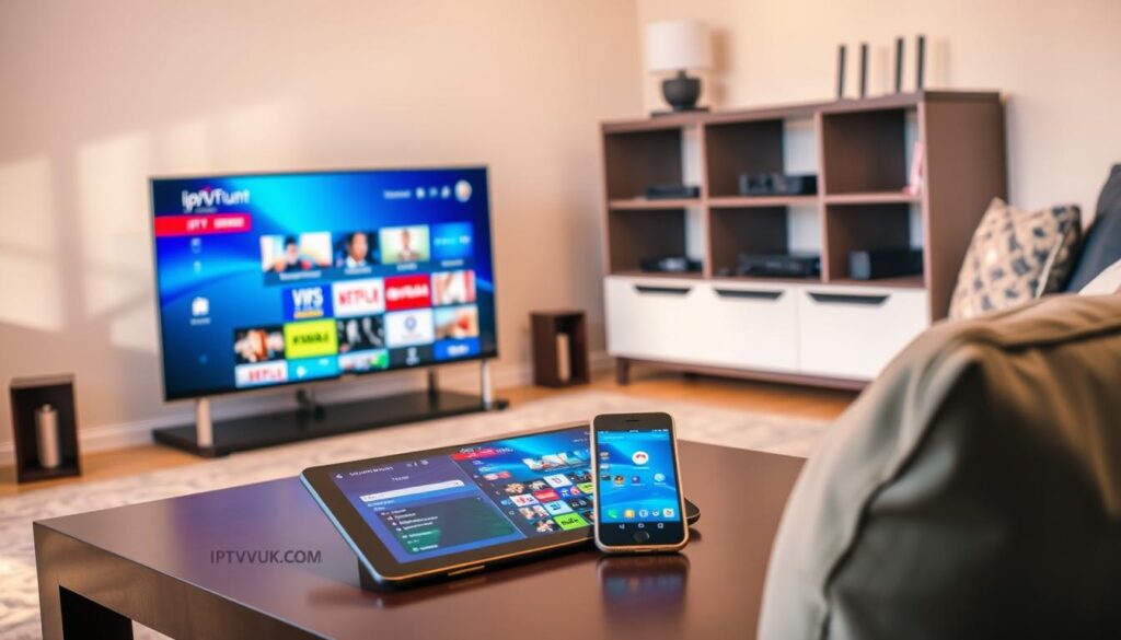 A cozy living room scene featuring a modern IPTV setup on various devices, including a smart TV, tablet, and smartphone all displaying vibrant IPTV streaming content. In the foreground, the smart TV shows a colorful interface with popular streaming channels. The tablet and smartphone are positioned on a stylish coffee table, showcasing the ease of access. A warm and inviting atmosphere is created with soft, diffused lighting, casting gentle shadows across the furniture. In the background, a sleek entertainment center holds additional devices like a streaming box and router, emphasizing technology integration. The setting is complete with comfortable furniture, like a plush sofa and decorative cushions. The logo "IPTVVUK.COM" is subtly included in the scene, adding a touch of branding without overwhelming the design.